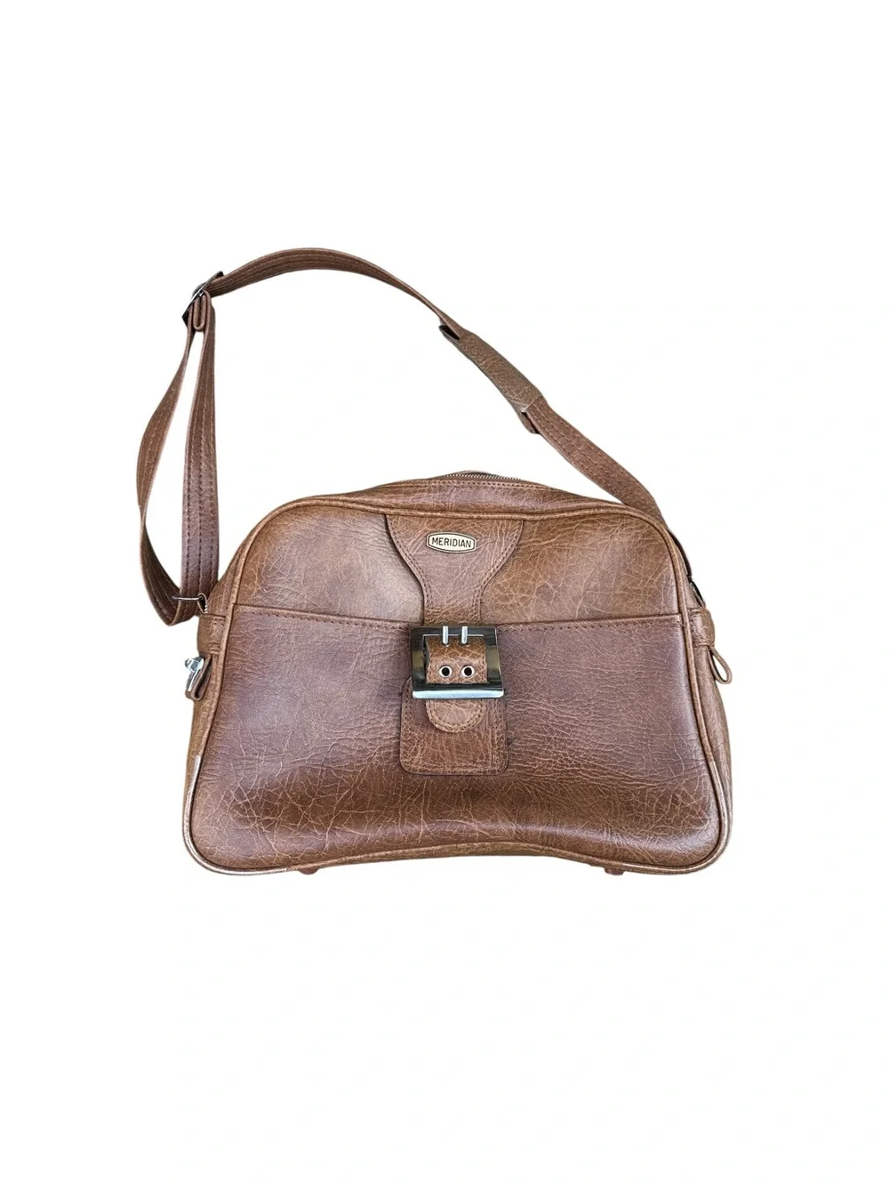 Vintage 1970s Meridian Faux Leather Brown Travel Shoulder Bag Vegan Leather